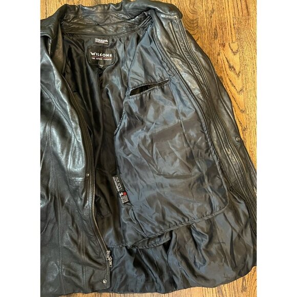 Vintage Wilsons Long Leather Black Jacket Mens Large Lined 3M Thinsulate - Picture 7 of 12